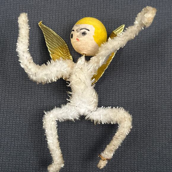 VTG Chenille CHristmas Angel Ornament Pipe Cleaner 4" White Gold Kitschy 50s MCM - Picture 1 of 13